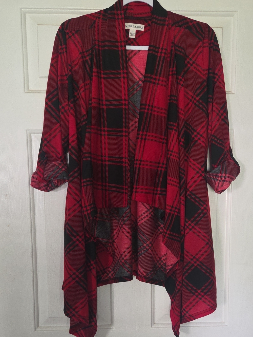 New York Laundry Red & Black Plaid Open Cardigan